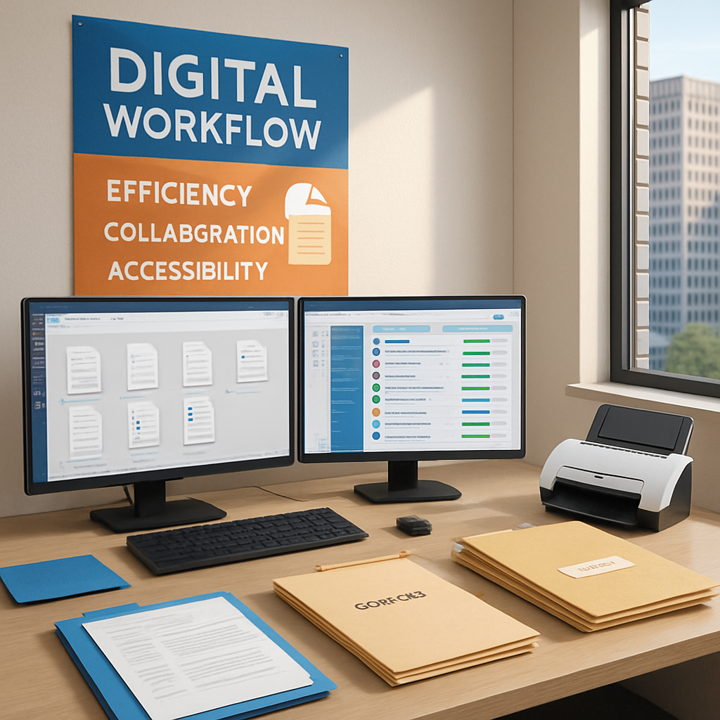 Two computers on a desk with a scanner