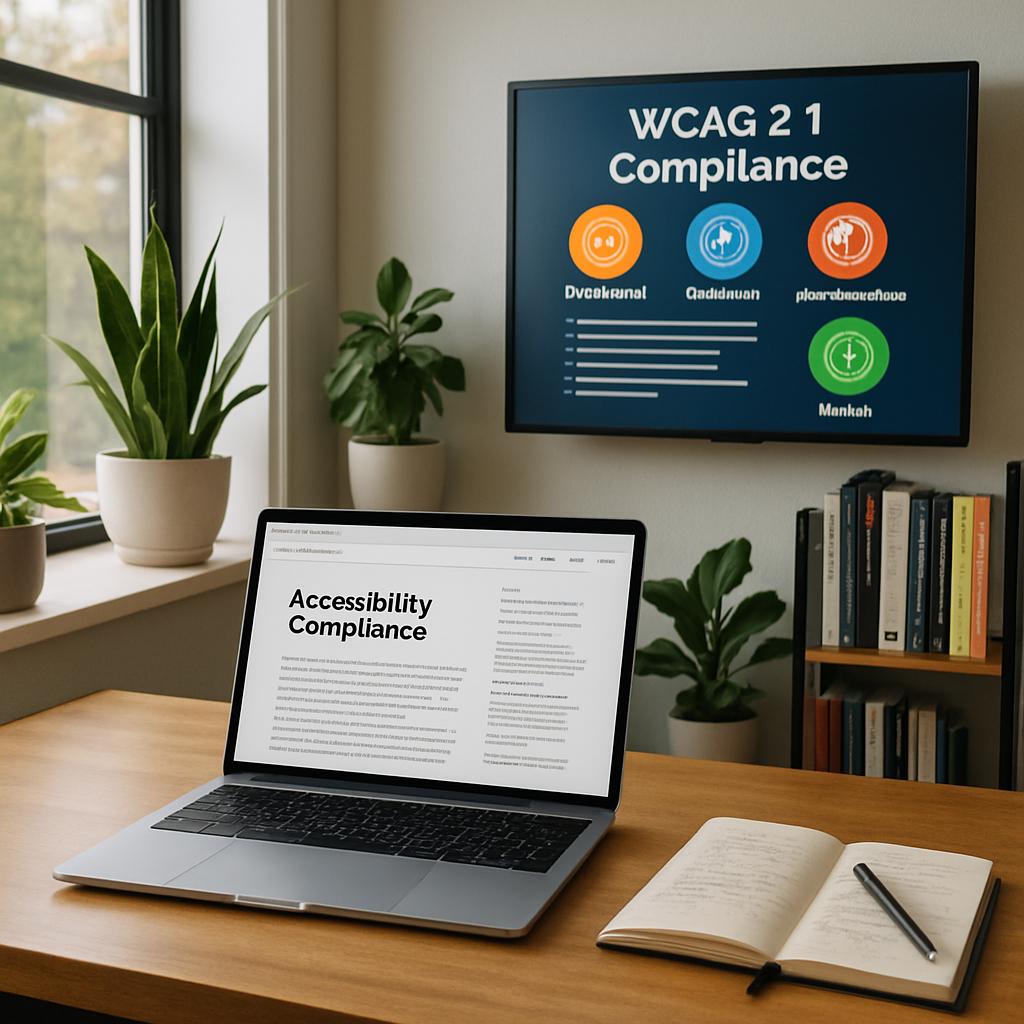 Image of a laptop open on a desk with a background image of a television noting WCAG 2.1 AA Compliance Standards